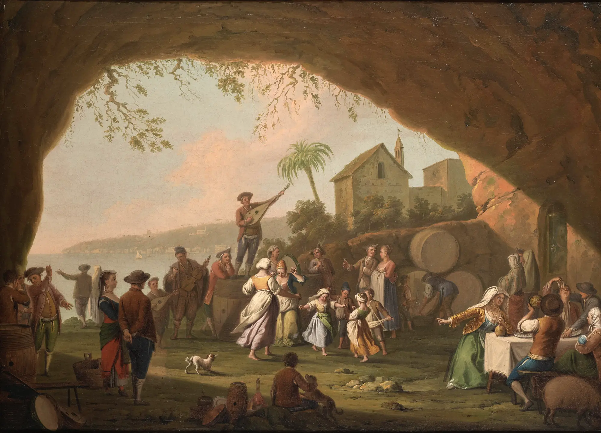 View of Naples: A Scene of Daily Life with a Tarantella in a Grotto in Mergellina, with Posillipo Beyond